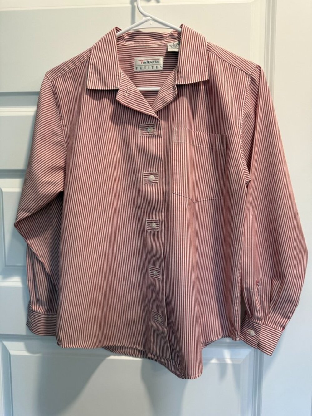Talbots Petite red and white vertically striped button-down shirt